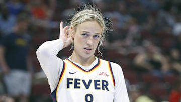 Jul 27, 2025; Chicago, Illinois, USA; Indiana Fever guard Sophie Cunningham (8) looks on during the second half of a basketball game against the Chicago Sky at United Center. Mandatory Credit: Kamil Krzaczynski-Imagn Images