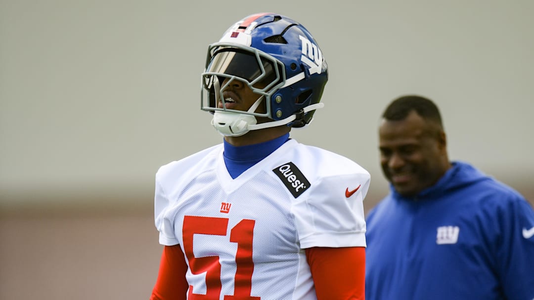 May 10, 2025; East Rutherford, NJ, USA; New York Giants linebacker Abdul Carter (51) during rookie minicamp at Quest Diagnostics Training Center. Mandatory Credit: John Jones-Imagn Images