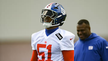 May 10, 2025; East Rutherford, NJ, USA; New York Giants linebacker Abdul Carter (51) during rookie minicamp at Quest Diagnostics Training Center. Mandatory Credit: John Jones-Imagn Images