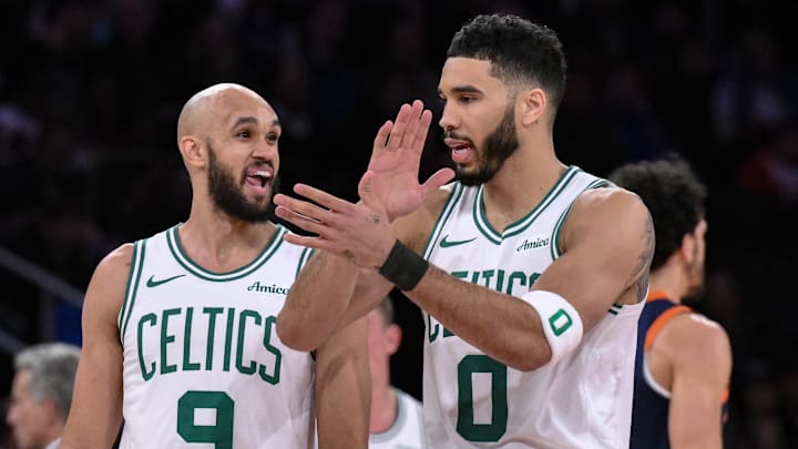Apr 8, 2025; New York, New York, USA; Boston Celtics forward Jayson Tatum (0) and Boston Celtics guard Derrick White (9) react during the first half against the New York Knicks at Madison Square Garden. Mandatory Credit: John Jones-Imagn Images