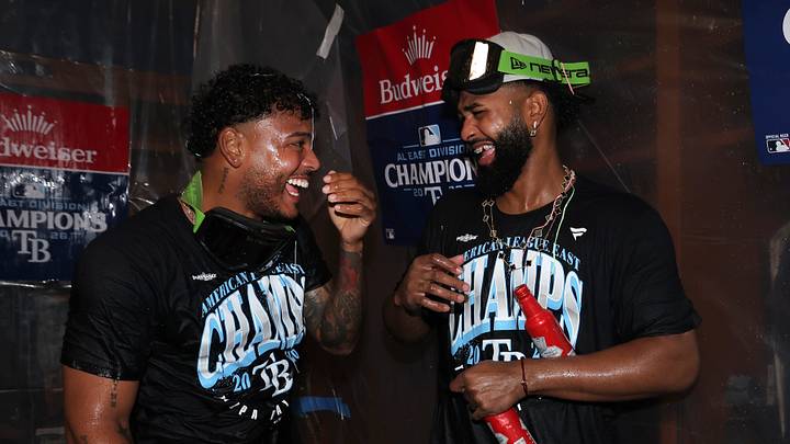 Sep 22, 2026; Bronx, New York, USA; Tampa Bay Rays players celebrate after defeating the New York Yankees and clinching the American League East division title at Yankee Stadium. Mandatory Credit: Brad Penner-Imagn Images