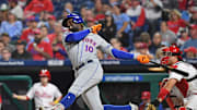 New York Mets shortstop Ronny Mauricio (10) hits a two run home run during the sixth inning against the Philadelphia Phillies at Citizens Bank Park in 2023.