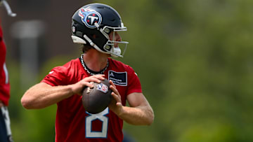 Jun 10, 2025; Nashville, TN, USA; Tennessee Titans quarterback Will Levis (8) throws a pass during minicamp at Nissan Stadium. Mandatory Credit: Steve Roberts-Imagn Images