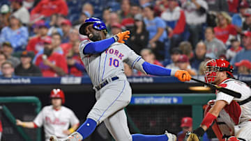 New York Mets shortstop Ronny Mauricio (10) hits a two run home run during the sixth inning against the Philadelphia Phillies at Citizens Bank Park in 2023.