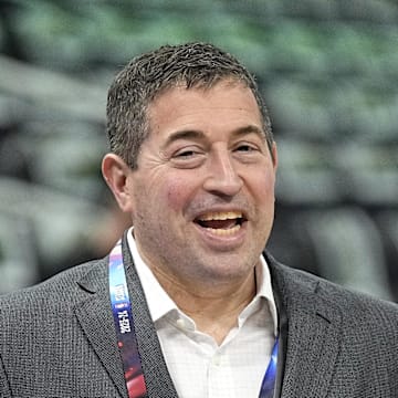 Apr 30, 2024; Milwaukee, Wisconsin, USA;  Milwaukee Bucks president Peter Feigin looks on during warmups prior to game five of the first round for the 2024 NBA playoffs against the Indiana Pacers at Fiserv Forum. Mandatory Credit: Jeff Hanisch-Imagn Images
