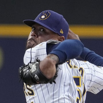 Milwaukee Brewers pitcher Freddy Peralta (51) delivers a pitch against the Chicago Cubs in the first inning at American Family Field on May 4.