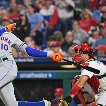 Sep 24, 2023; Philadelphia, Pennsylvania, USA; New York Mets shortstop Ronny Mauricio (10) hits a two run home run during the sixth inning against the Philadelphia Phillies at Citizens Bank Park. Mandatory Credit: Eric Hartline-Imagn Images