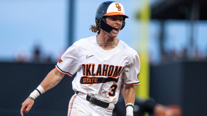 Oklahoma State utility Carson Benge (3) runs to third base during a game in the NCAA Stillwater Regional between the Oklahoma State Cowboys (OSU) and the Oral Roberts Golden Eagles at O'Brate Stadium in Stillwater, Okla., on Friday, June 2, 2023.