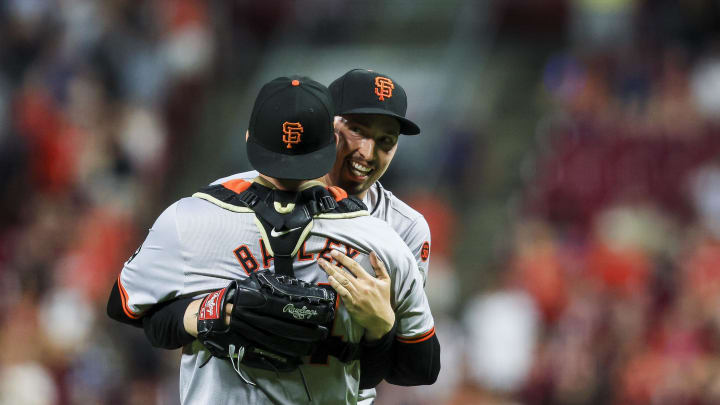 Aug 2, 2024; Cincinnati, Ohio, USA; San Francisco Giants starting pitcher Blake Snell (7) celebrates with catcher Patrick Bailey (14) after throwing a no-hitter against the Cincinnati Reds at Great American Ball Park. Mandatory Credit: Katie Stratman-USA TODAY Sports