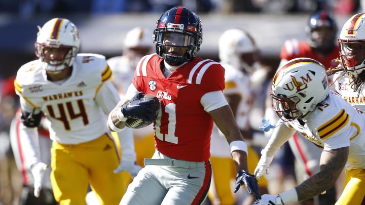 Nov 18, 2023; Oxford, Mississippi, USA; Mississippi Rebels wide receiver Jordan Watkins (11) runs after a catch as Louisiana Monroe Warhawks defensive back Simion Hines (15) attempts to make the tackle during the first half at Vaught-Hemingway Stadium. Mandatory Credit: Petre Thomas-USA TODAY Sports