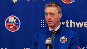 Mar 16, 2024; Elmont, New York, USA;  New York Islanders head coach Patrick Roy addresses the media prior to the game against the Ottawa Senators at UBS Arena. Mandatory Credit: Thomas Salus-Imagn Images
