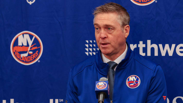 Mar 16, 2024; Elmont, New York, USA;  New York Islanders head coach Patrick Roy addresses the media