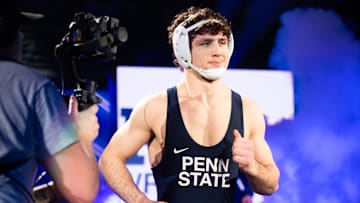 Penn State’s Levi Haines is introduced before wrestling Iowa's Patrick Kennedy in the 174-pound bout on Friday, Jan. 31, 2025, in State College, Pa. The Nittany Lions won 30-8.