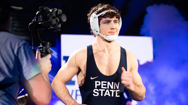 Penn State’s Levi Haines is introduced before wrestling Iowa's Patrick Kennedy in the 174-pound bout on Friday, Jan. 31, 2025, in State College, Pa. The Nittany Lions won 30-8.