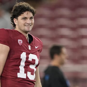 Oct 21, 2023; Stanford, California, USA; Stanford Cardinal place kicker Emmet Kenney (13) before the game against the UCLA Bruins at Stanford Stadium. Mandatory Credit: Darren Yamashita-Imagn Images