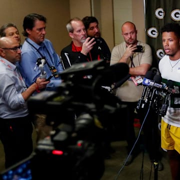 Green Bay Packers wide receiver Matthew Golden is interviewed by the media during rookie minicamp on May 2.