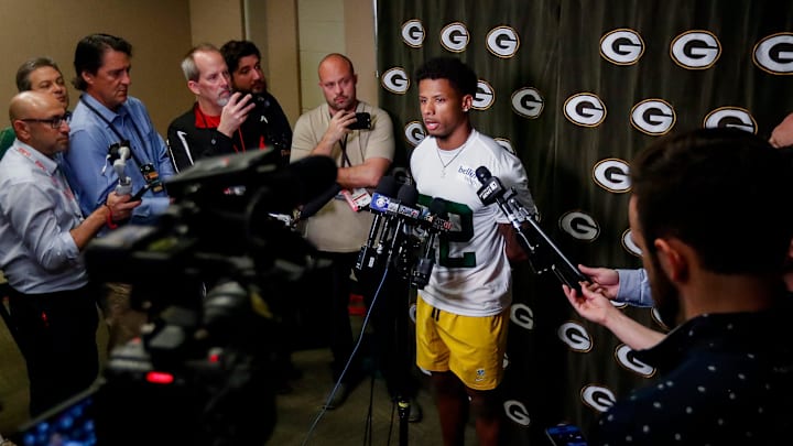 Green Bay Packers wide receiver Matthew Golden is interviewed by the media during rookie minicamp on May 2.