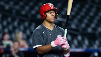 Jun 17, 2025; Phoenix, AZ, USA; Glendale High School (MO) infielder Sebastian Norman during the MLB Draft Combine high school baseball game at Chase Field. Norman had the hardest hit ball at the combine (113.8 mph) and furthest drive (417 feet). Mandatory Credit: Mark J. Rebilas-Imagn Images