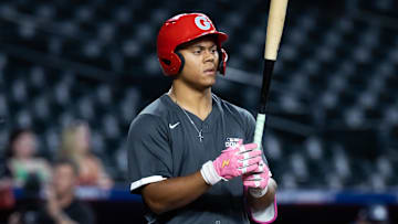 Jun 17, 2025; Phoenix, AZ, USA; Glendale High School (MO) infielder Sebastian Norman during the MLB Draft Combine high school baseball game at Chase Field. Norman had the hardest hit ball at the combine (113.8 mph) and furthest drive (417 feet). Mandatory Credit: Mark J. Rebilas-Imagn Images