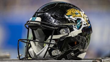 Dec 4, 2022; Detroit, Michigan, USA; A Jacksonville Jaguars football helmet sits on a crate on the sidelines during the first half against the Detroit Lions at Ford Field. Mandatory Credit: David Reginek-Imagn Images