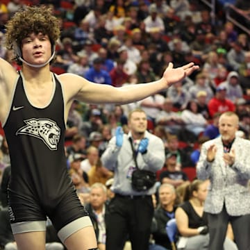 Feb 22, 2025; Des Moines, Iowa, USA; 157 pounds: No. 1 Maximus Dhabolt of Ankeny Centennial wins over No. 2 Bas Diaz of Waverly-Shell Rock 7 to 2 in the 3A IHSAA State Wrestling Championship Finals at Wells Fargo Arena. Mandatory Credit: Reese Strickland-The Des Moines Register