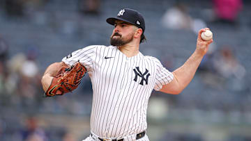 May 22, 2025; Bronx, New York, USA; New York Yankees starting pitcher Carlos Rodon (55) delivers a pitch during the first inning against the Texas Rangers at Yankee Stadium. Mandatory Credit: Vincent Carchietta-Imagn Images