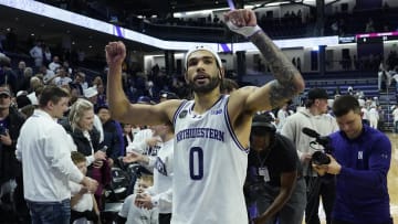 Mar 9, 2024; Evanston, Illinois, USA; Northwestern Wildcats guard Boo Buie (0) celebrates the
