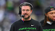 Nov 29, 2025; Seattle, Washington, USA; Oregon Ducks head coach Dan Lanning during the second half against the Washington Huskies at Husky Stadium. Mandatory Credit: Steven Bisig-Imagn Images