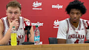 Indiana senior forwards Tucker DeVries (left) and Sam Alexis (right) speak to media Nov. 16, 2025, at Assembly Hall.