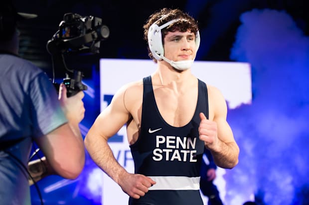 Penn State’s Levi Haines is introduced before wrestling Iowa's Patrick Kennedy in the 174-pound bout on Friday, Jan. 31, 2025