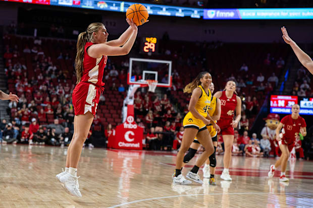 Nebraska guard Logan Nissley shoots a three-pointer against Iowa at Pinnacle Bank Arena on Feb. 10, 2025.