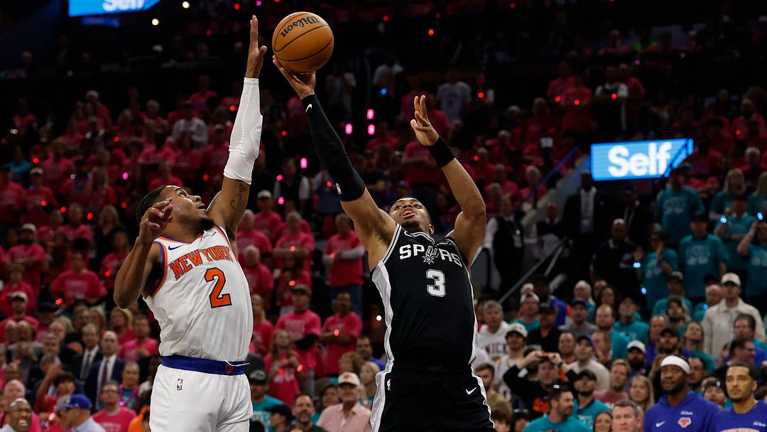 Jun 3, 2026; San Antonio, Texas, USA; New York Knicks guard Miles McBride (2) blocks the shot of San Antonio Spurs forward Keldon Johnson (3) during game one of the 2026 NBA Finals at Frost Bank Center. Mandatory Credit: Geoff Burke-Imagn Images Jun 3, 2026; San Antonio, Texas, USA; New York Knicks guard Miles McBride (2) blocks the shot of San Antonio Spurs forward Keldon Johnson (3) during game one of the 2026 NBA Finals at Frost Bank Center. Mandatory Credit: Geoff Burke-Imagn Images