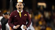 Oct 11, 2025; Minneapolis, Minnesota, USA; Minnesota Golden Gophers head coach P.J. Fleck reacts during the second half against the Purdue Boilermakers at Huntington Bank Stadium. Mandatory Credit: Matt Krohn-Imagn Images