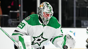Jan 28, 2025; Las Vegas, Nevada, USA; Dallas Stars goaltender Jake Oettinger (29) warms up before a game against the Vegas Golden Knights at T-Mobile Arena. Mandatory Credit: Stephen R. Sylvanie-Imagn Images