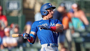 Mar 16, 2023; Sarasota, Florida, USA;  Toronto Blue Jays shortstop Addison Barger (44) hits an rbi