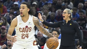 Apr 13, 2025; Cleveland, Ohio, USA; Indiana Pacers assistant coach Jenny Boucek reacts as Cleveland Cavaliers forward Jaylon Tyson (24) dribbles the ball in the first quarter at Rocket Arena. Mandatory Credit: David Richard-Imagn Images