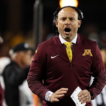 Oct 11, 2025; Minneapolis, Minnesota, USA; Minnesota Golden Gophers head coach P.J. Fleck reacts during the second half against the Purdue Boilermakers at Huntington Bank Stadium. Mandatory Credit: Matt Krohn-Imagn Images