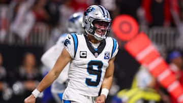 Jan 5, 2025; Atlanta, Georgia, USA; Carolina Panthers quarterback Bryce Young (9) celebrates after a touchdown against the Atlanta Falcons in the fourth quarter at Mercedes-Benz Stadium. Mandatory Credit: Brett Davis-Imagn Images