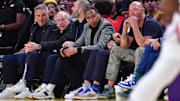 Mar 6, 2025; Los Angeles, California, USA; Comedian and writer Larry David and sports media personality Stephen A. Smith attend the game between the Los Angeles Lakers and New York Knicks  at Crypto.com Arena.