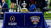 Jan 2, 2025; New Orleans, LA, USA;  Detailed view of the Sugar Bowl trophy before it is presented after the game between the Georgia Bulldogs and the Notre Dame Fighting Irish at Caesars Superdome. 