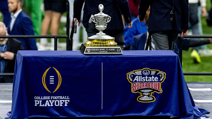 Jan 2, 2025; New Orleans, LA, USA; Detailed view of the Sugar Bowl trophy before it is presented after the game between the Georgia Bulldogs and the Notre Dame Fighting Irish at Caesars Superdome. Jan 2, 2025; New Orleans, LA, USA; Detailed view of the Sugar Bowl trophy before it is presented after the game between the Georgia Bulldogs and the Notre Dame Fighting Irish at Caesars Superdome.