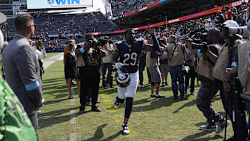Sep 8, 2024; Chicago, Illinois, USA; Chicago Bears cornerback Tyrique Stevenson (29) celebrates a win against the Tennessee Titans at Soldier Field. Mandatory Credit: David Banks-Imagn Images