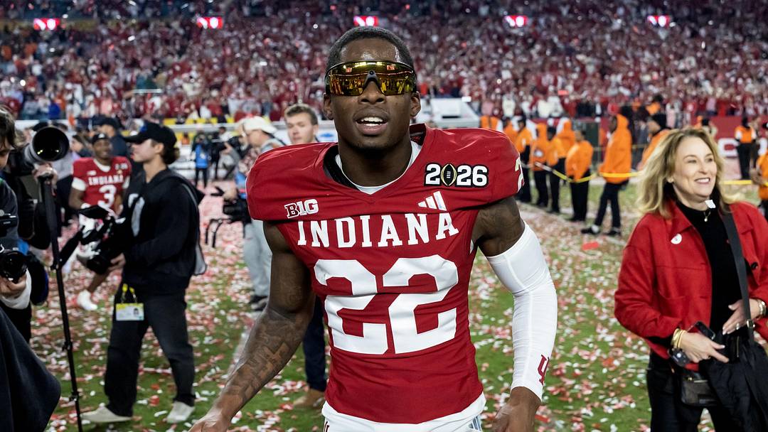 Jan 19, 2026; Miami Gardens, FL, USA; Indiana Hoosiers defensive back Jamari Sharpe (22) celebrates after defeating the Miami Hurricanes in the College Football Playoff National Championship game at Hard Rock Stadium. Mandatory Credit: Mark J. Rebilas-Imagn Images
