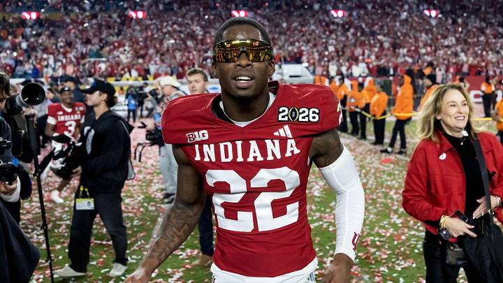 Jan 19, 2026; Miami Gardens, FL, USA; Indiana Hoosiers defensive back Jamari Sharpe (22) celebrates after defeating the Miami Hurricanes in the College Football Playoff National Championship game at Hard Rock Stadium. Mandatory Credit: Mark J. Rebilas-Imagn Images