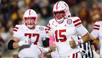 Oct 17, 2025; Minneapolis, Minnesota, USA; Nebraska Cornhuskers quarterback Dylan Raiola (15) runs off the field during the first half against the Minnesota Golden Gophers at Huntington Bank Stadium. Mandatory Credit: Matt Krohn-Imagn Images