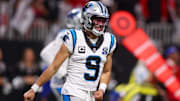 Carolina Panthers quarterback Bryce Young celebrates after a touchdown against the Atlanta Falcons.