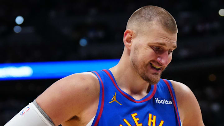 Apr 20, 2026; Denver, Colorado, USA; Denver Nuggets center Nikola Jokic (15) reacts in the second quarter against the Minnesota Timberwolves  during game two of the first round of the 2026 NBA Playoffs at Ball Arena. Mandatory Credit: Ron Chenoy-Imagn Images