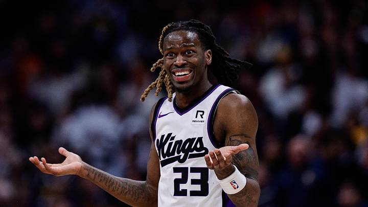 Mar 5, 2025; Denver, Colorado, USA; Sacramento Kings guard Keon Ellis (23) reacts after a play in the fourth quarter against the Denver Nuggets at Ball Arena. Mandatory Credit: Isaiah J. Downing-Imagn Images