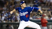 Feb 28, 2025; Phoenix, Arizona, USA; Los Angeles Dodgers pitcher Jack Little against the Los Angeles Angels during a spring training game at Camelback Ranch-Glendale. Mandatory Credit: Mark J. Rebilas-Imagn Images