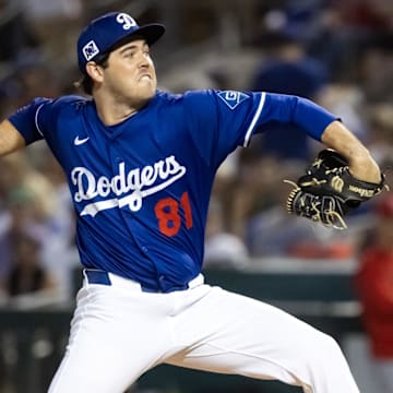 Feb 28, 2025; Phoenix, Arizona, USA; Los Angeles Dodgers pitcher Jack Little against the Los Angeles Angels during a spring training game at Camelback Ranch-Glendale. Mandatory Credit: Mark J. Rebilas-Imagn Images
